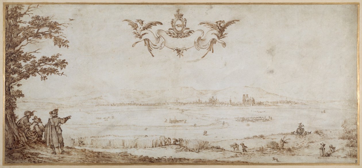 En vy av Toul över slätten, landskap med figurer, himlen med armarna av porslin (penna och brunt bläck på veläng) av Jacques Callot