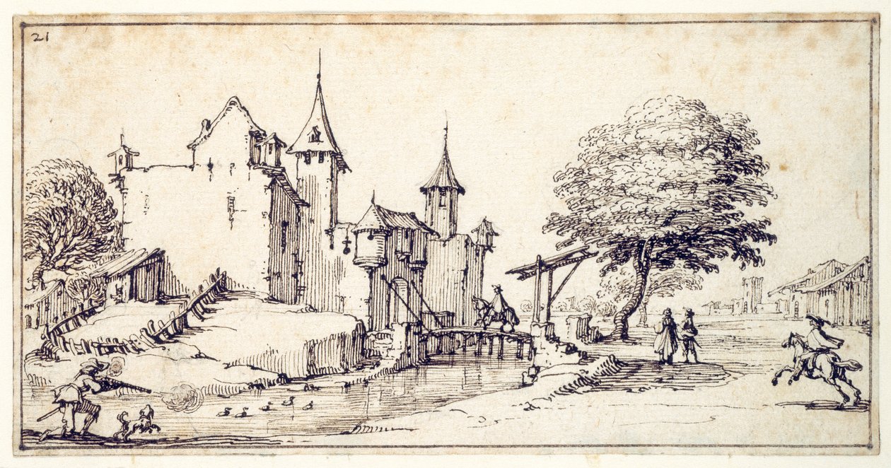 Ett slott med vindbrygga (penna & brunt bläck på papper) av Jacques Callot
