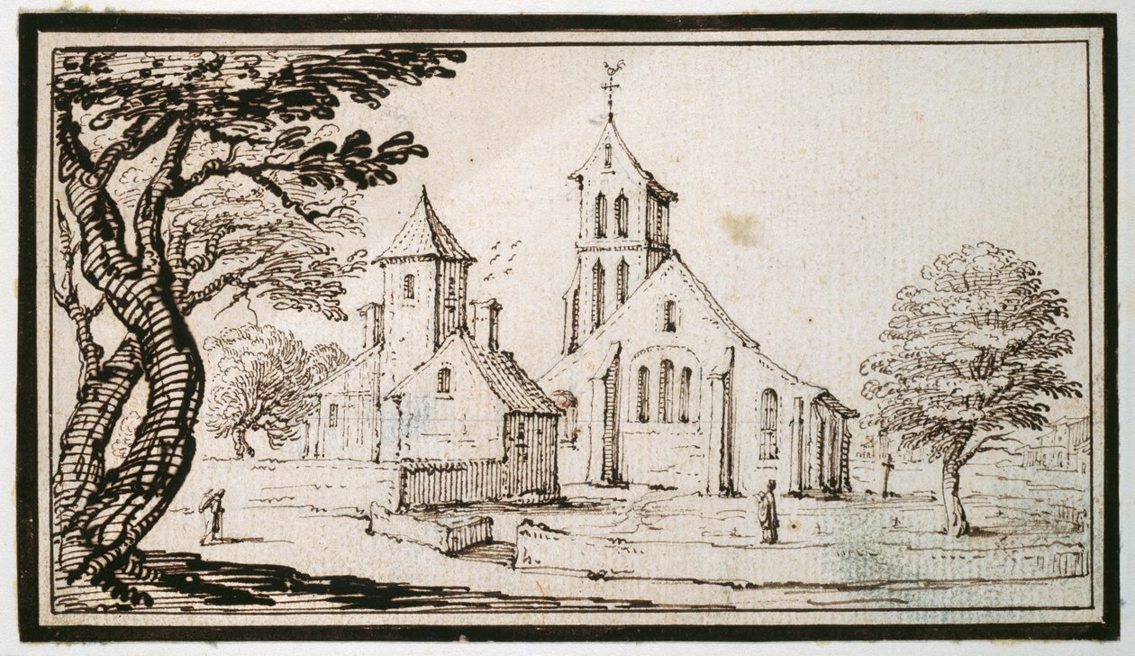 En kyrka i Lorraine och en grannbyggnad (penna & brunt bläck på papper) av Jacques Callot