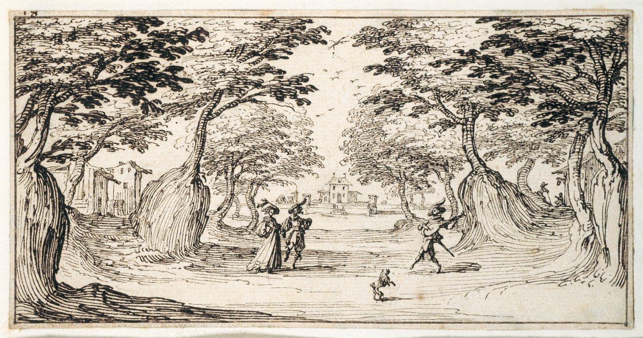 En fin dam och herre som dansar i skogen till en luta, ett slott i fjärran (penna & brunt bläck på papper) av Jacques Callot