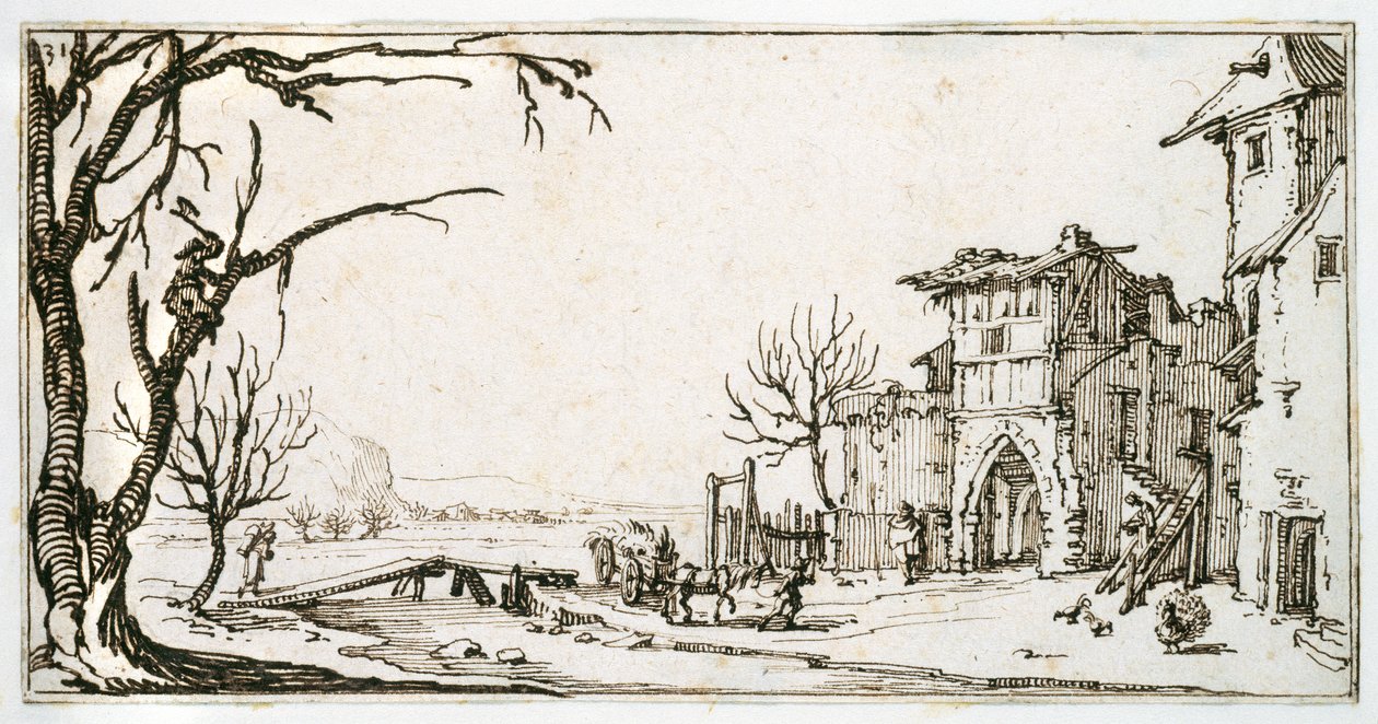 En hövän förs till den medeltida porten till en by, en man som skär en gren, från ett album som tillhör Israel Silvestre, ca 1630 (penna och bläck på papper) av Jacques Callot