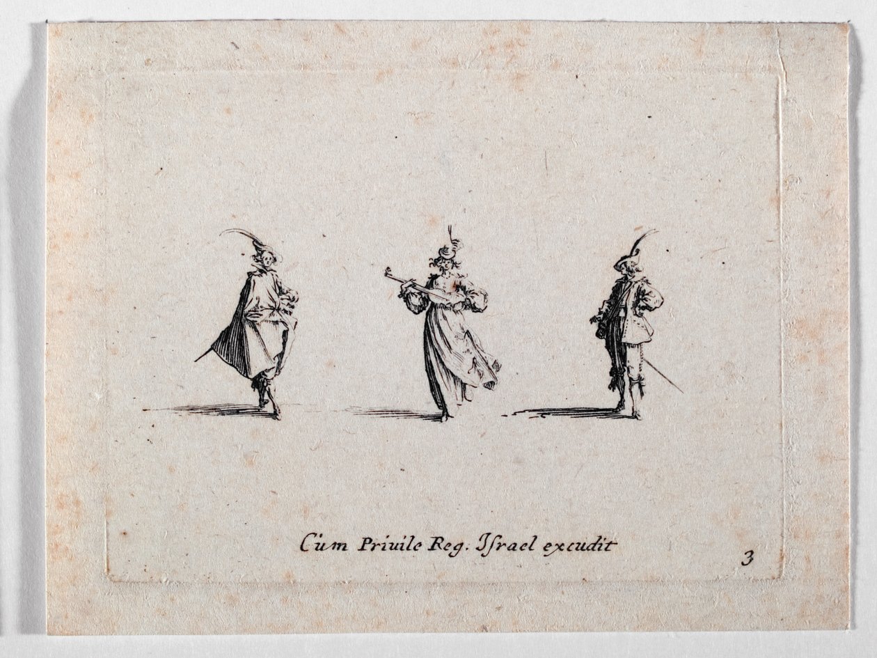 En musicerande dam och två kavaljerer, från ... (gravyr) av Jacques Callot