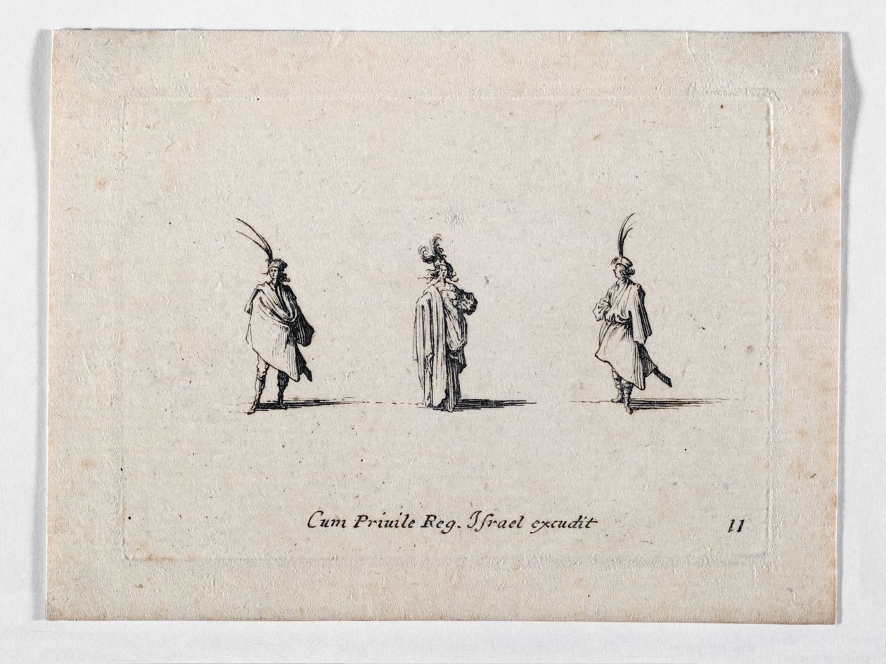 En dam med lång rock och två kavaljerer, från ... (gravyr) av Jacques Callot
