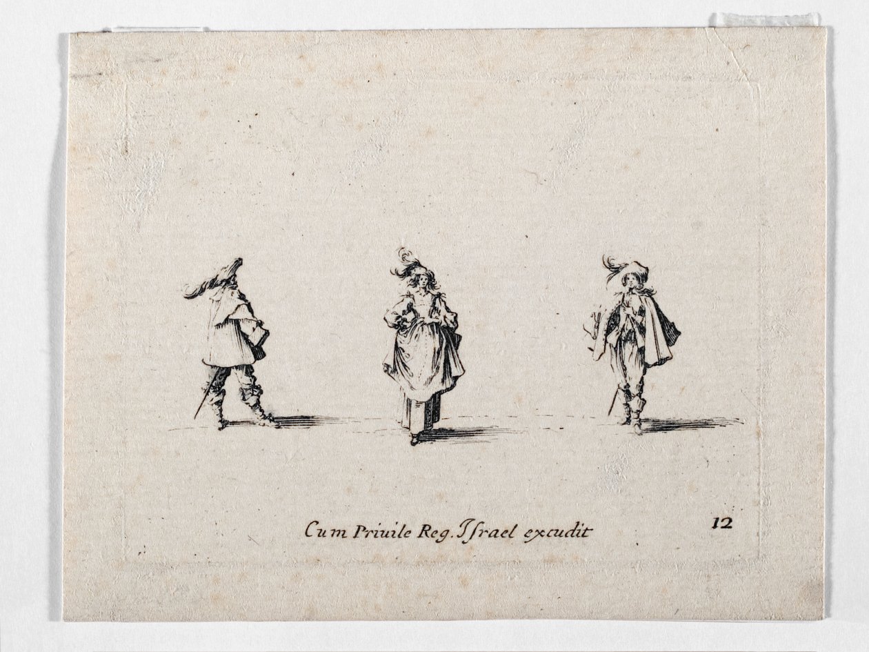 En dam med plymerad hatt och två kavaljerer, från ... (gravyr) av Jacques Callot