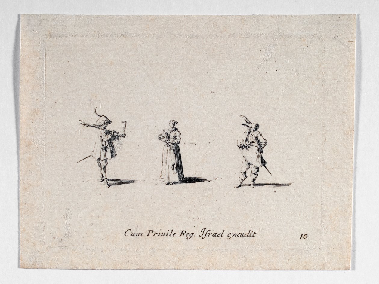 En dam med en vinflaska och två kavaljerer, från ... (gravyr) av Jacques Callot