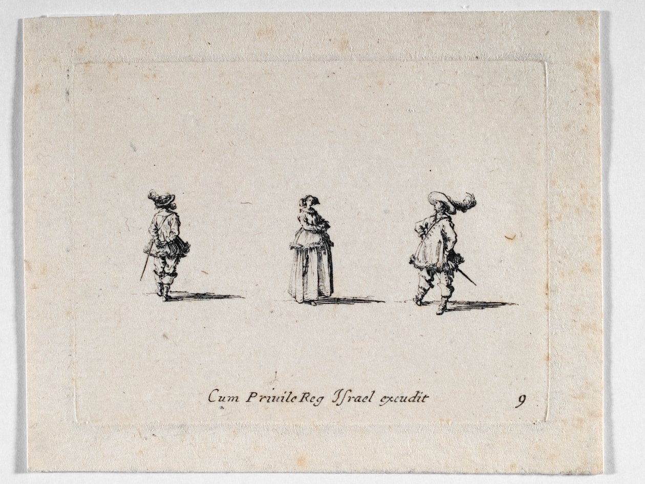 En dam med armarna i kors och två kavallerister, från ... (gravyr) av Jacques Callot