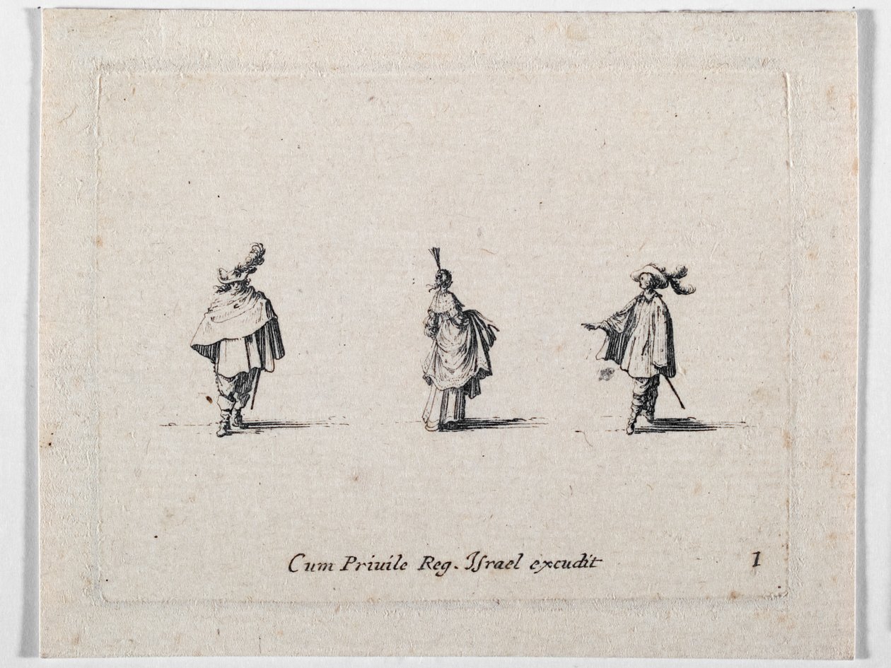 En dam med rynkad kjol och två kavaljerer, från Les Fantaisies de Noble J. Callot ... (gravyr) av Jacques Callot