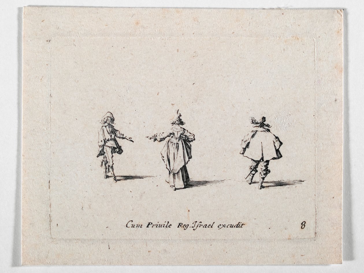 En dam med utsträckt hand, sedd bakifrån, och två kavaljerer, från Les Fantaisies de Noble J. Callot ... (gravyr) av Jacques Callot