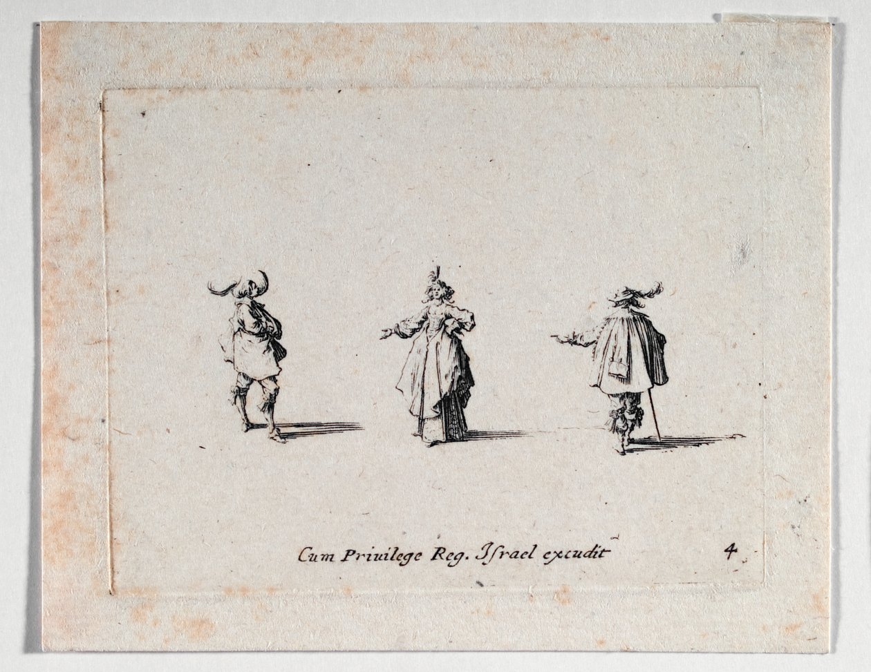 En dam med utsträckt hand och två kavaljerer, från ... (gravyr) av Jacques Callot
