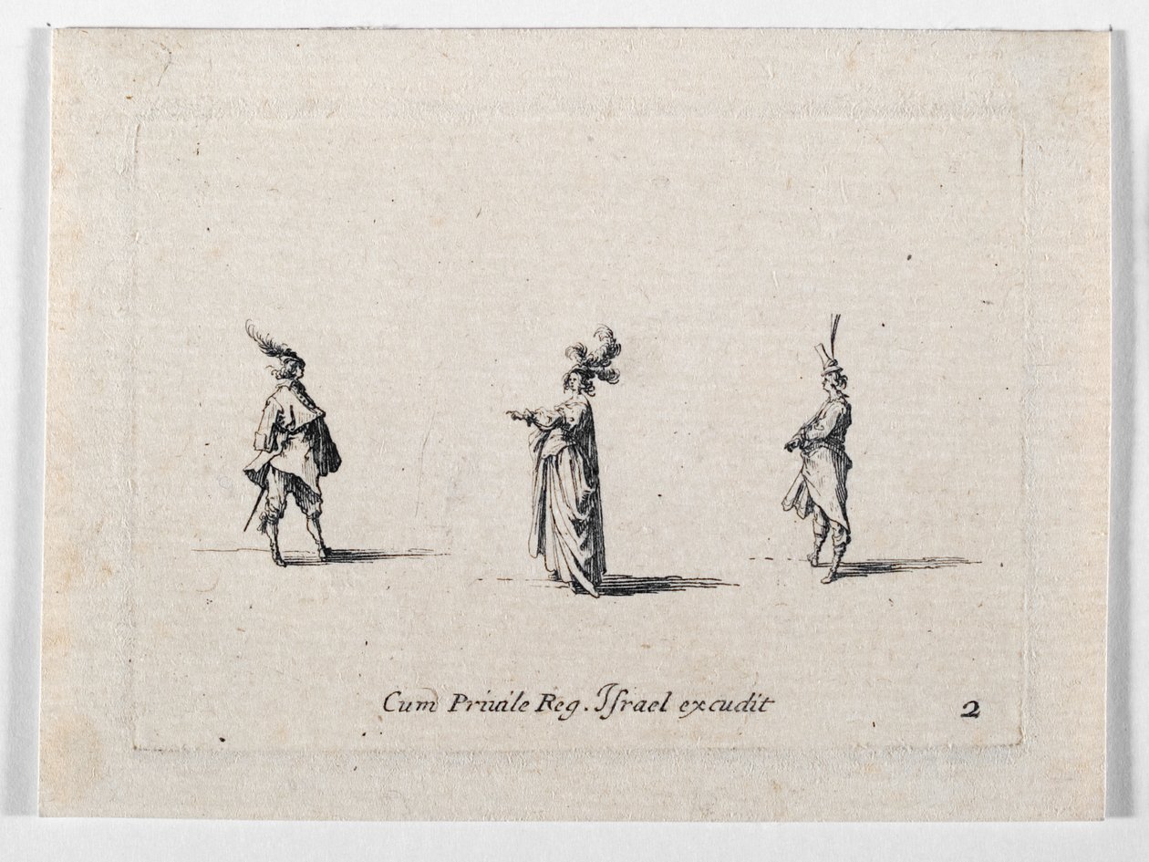 En dam med plymerad hatt och två kavaljerer, från ... (gravyr) av Jacques Callot