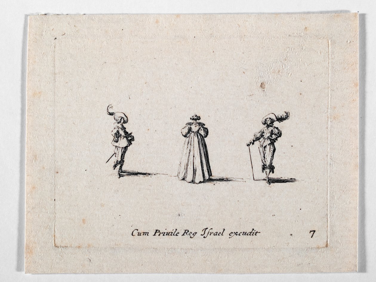 En dam med rikt veckad klänning, sedd bakifrån, och två kavaljerer, från Les Fantaisies de Noble J. Callot ... (gravyr) av Jacques Callot