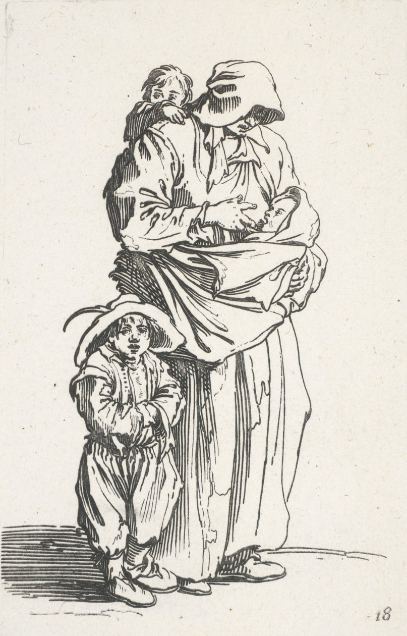 En mamma och hennes tre barn, från The Beggars (La mere et ses trois enfants) av Jacques Callot