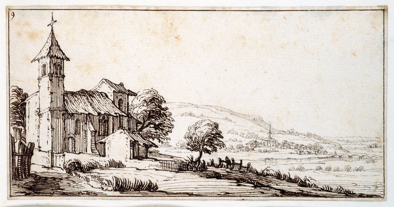 Ett flodlandskap nära Nancy, med bykyrkan Maxeville och en annan på medelavståndet, från ett album som tillhör Israel Silvestre, ca 1630 (penna & bläck på papper) av Jacques Callot