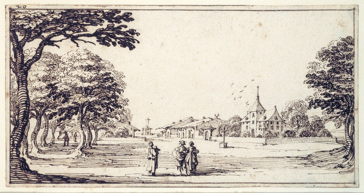En gata i Bainville-sur-Madon, med Callots hus (penna och brunt bläck på papper) av Jacques Callot