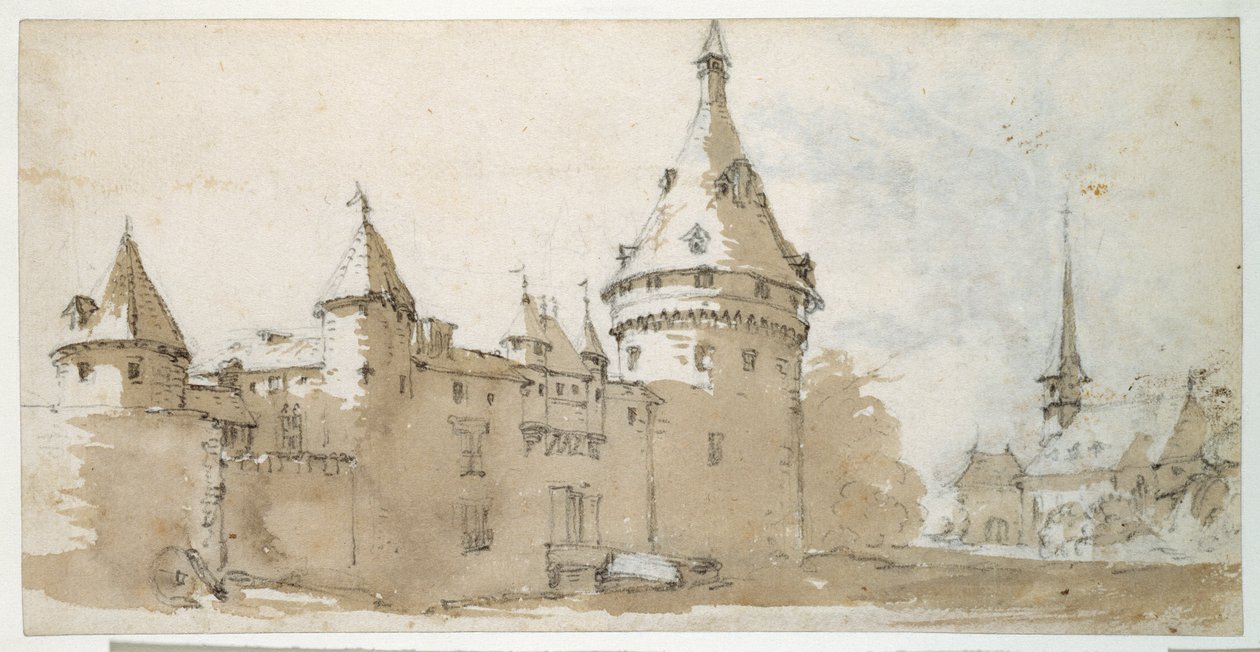 Ett slott med torn och en kyrka (brunt och grått över svart krita på papper) av Jacques Callot