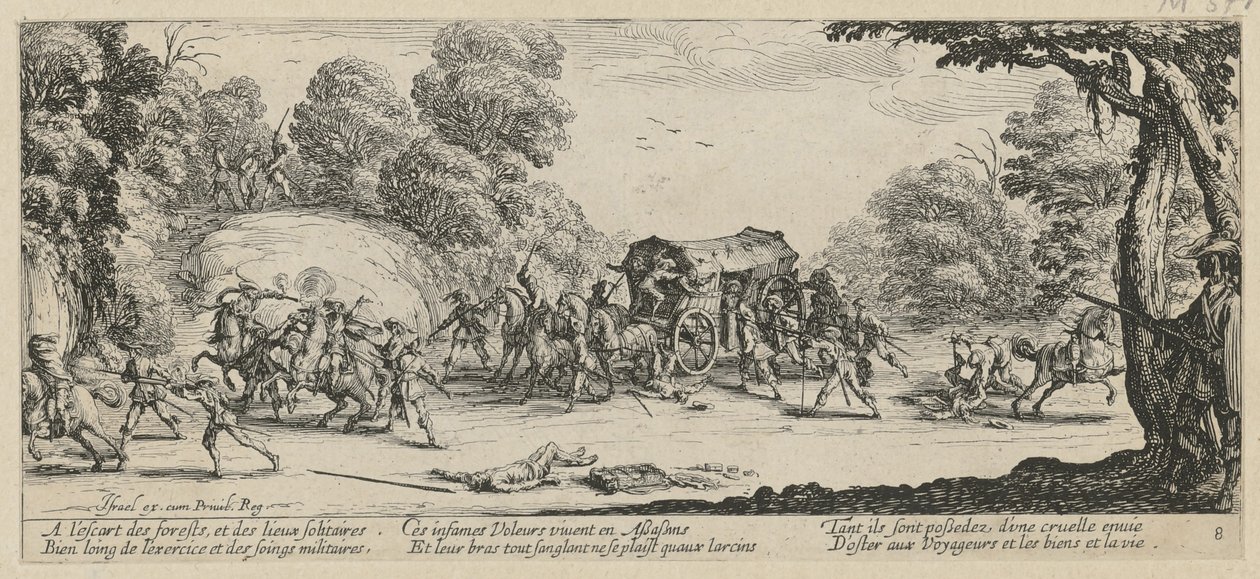 Ett överfall på en postdiligens, bild 8 i serien ”Krigets fasor” av Jacques Callot