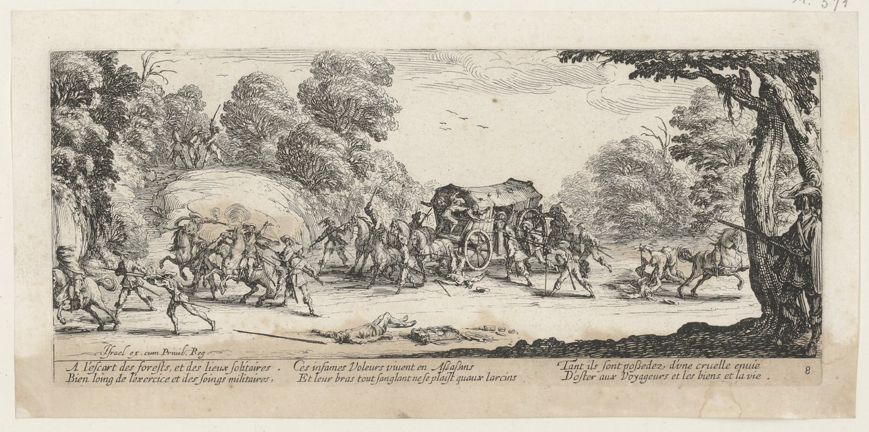 Ett överfall på en postdiligens, bild 8 i serien ”Krigets fasor” av Jacques Callot