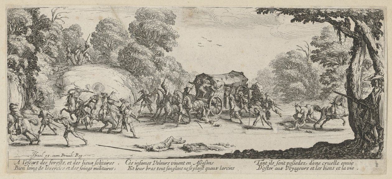 Ett överfall på en postdiligens, bild 8 i serien ”Krigets fasor” av Jacques Callot