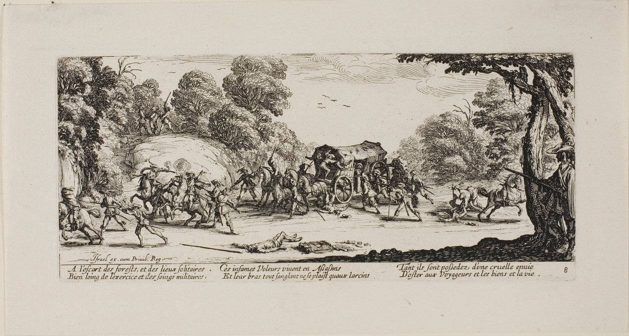 Attack on the Coach, skylt åtta från The Miseries of War av Jacques Callot