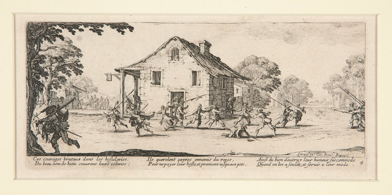Stridsscen framför ett hus, från The Miseries and Disasters of War, #4 av en uppsättning om 18 av Jacques Callot