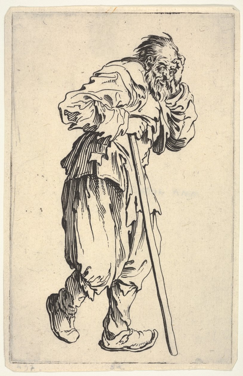 Skäggig man klädd i trasor, som håller sitt huvud med ena handen och en käpp med den andra, ur "Tiggarna" (Les Gueux) av Jacques Callot