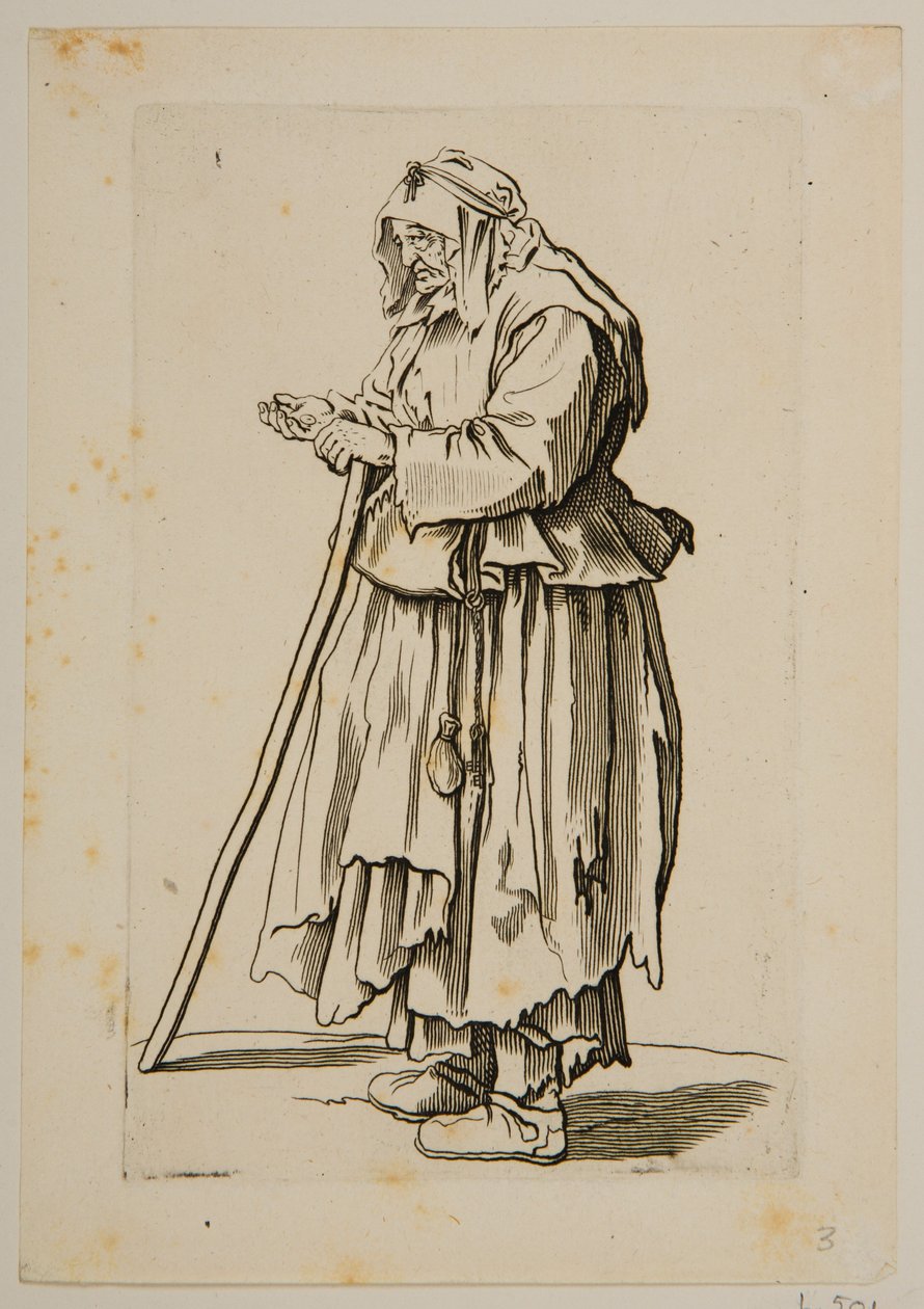 Tiggarkvinna som tar emot allmosor (etsning) av Jacques Callot
