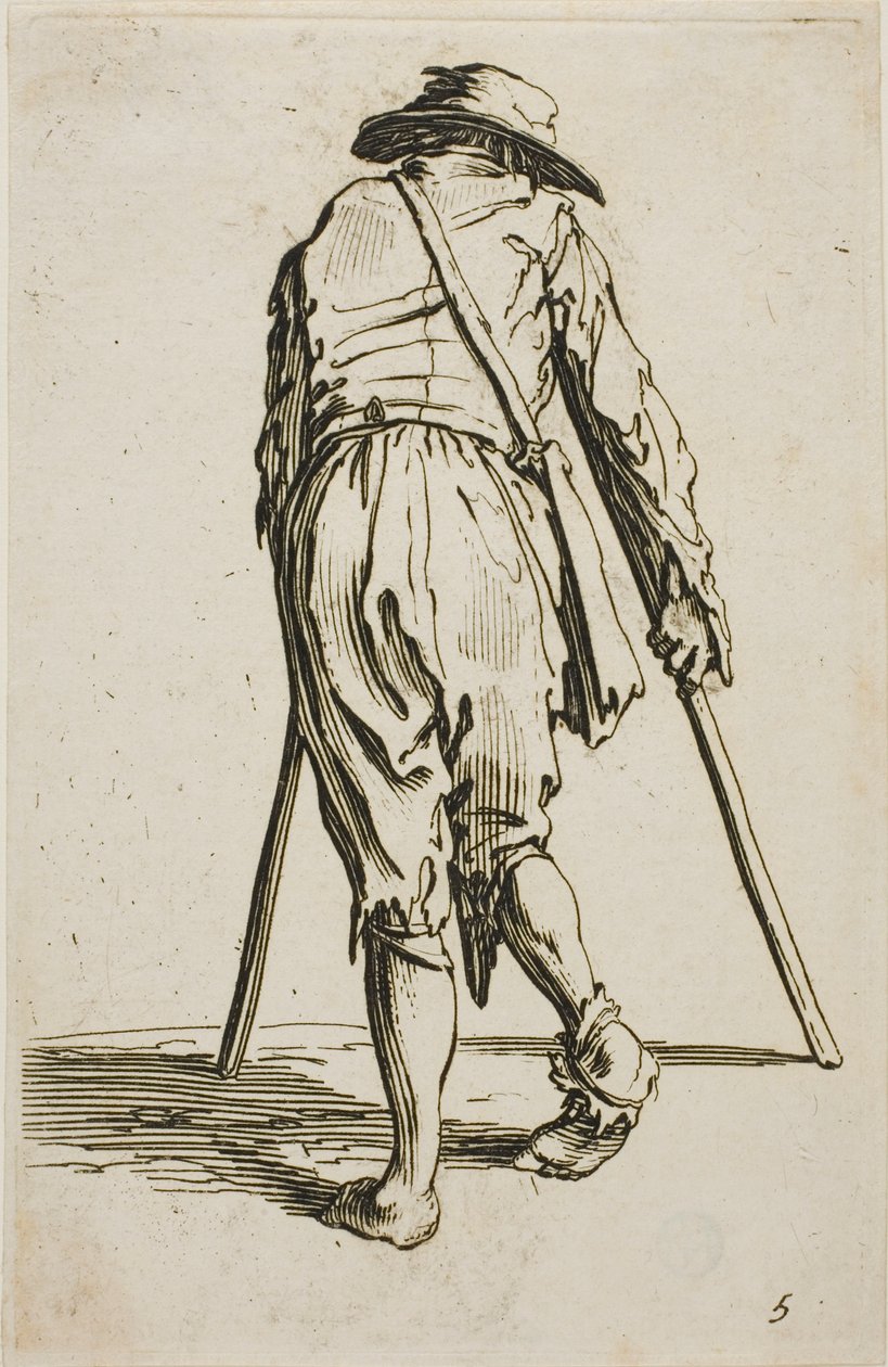 Tiggare på kryckor och med hatt, sedd bakifrån, plansch fem ur Tiggarna av Jacques Callot