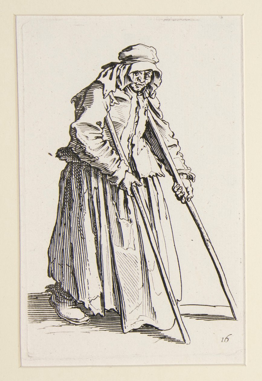 Tiggarkvinna på kryckor, från The Beggars (La mendiante aux bequilles) av Jacques Callot