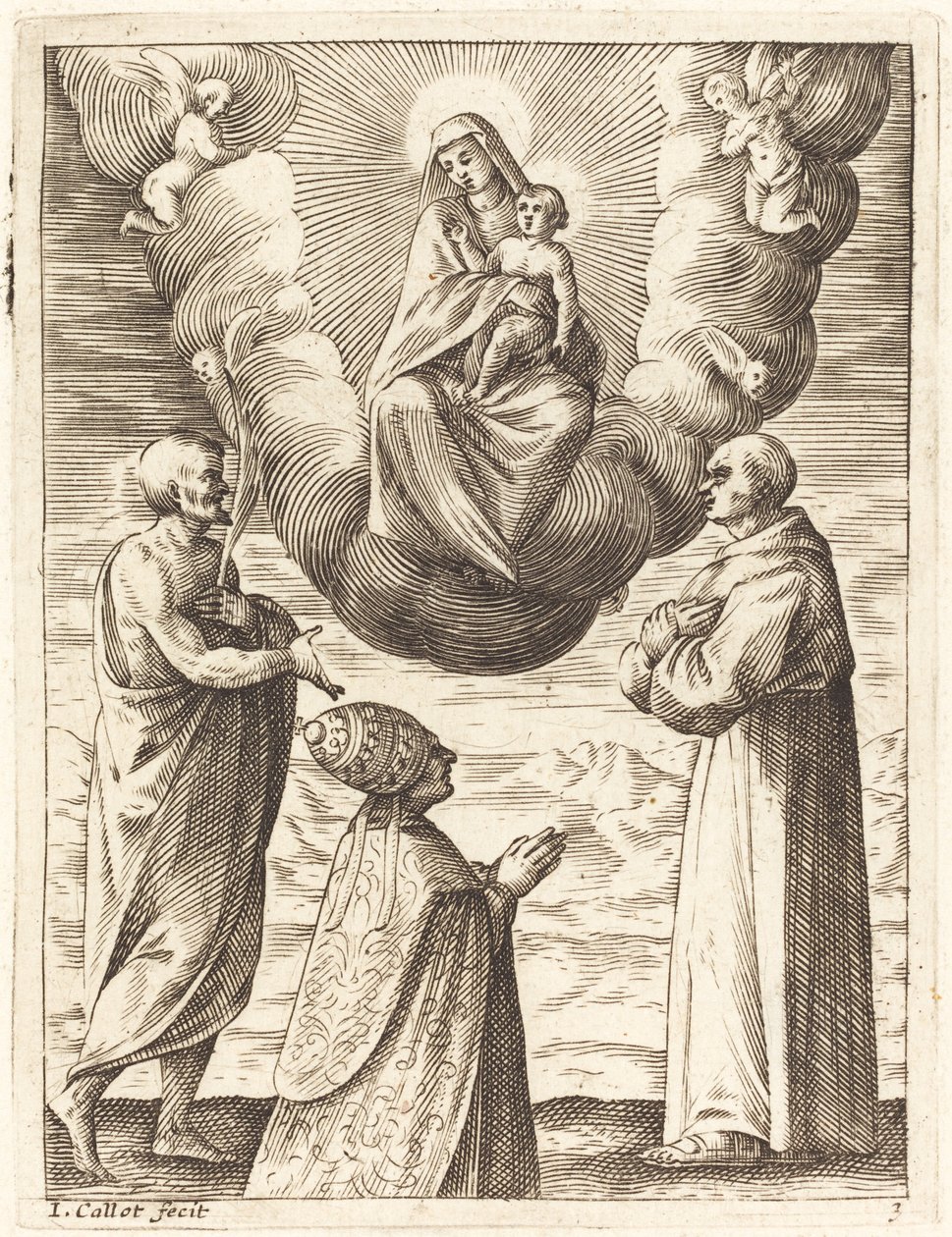 Bonifatius VIII med de heliga Franciskus och Crispin som tillber jungfrun och barnet av Jacques Callot