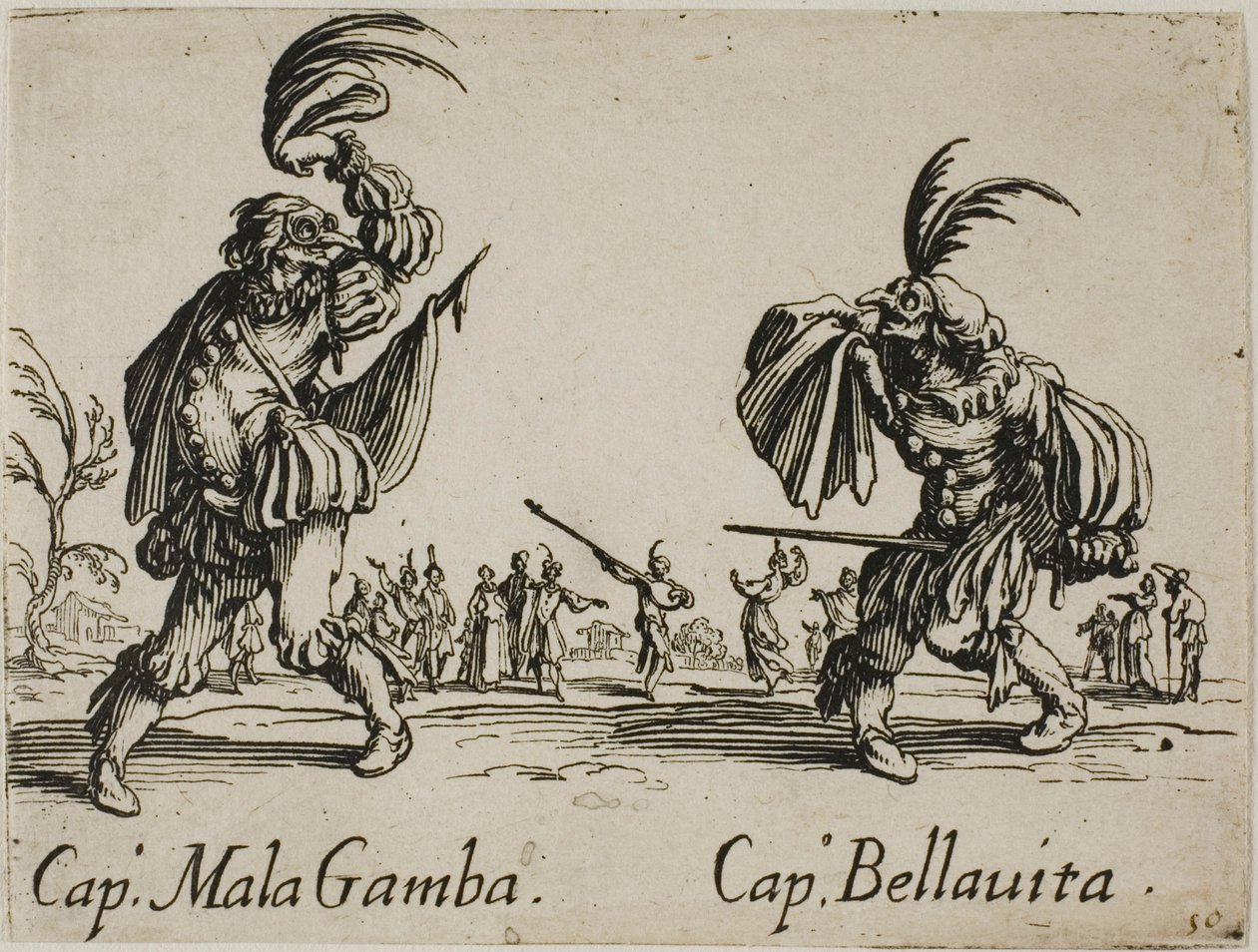 Kapten Mala Gamba - Kapten Bellavita, plansch 15 från Balli di Sfessania av Jacques Callot