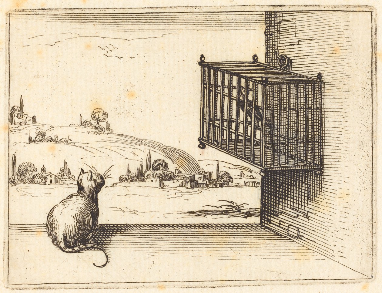 Katt som tittar på en fågel i bur av Jacques Callot
