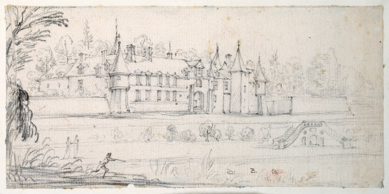 Chateau de Chantelou, i Orgedalen, mellan Linas och Chestres (svart krita på papper) av Jacques Callot