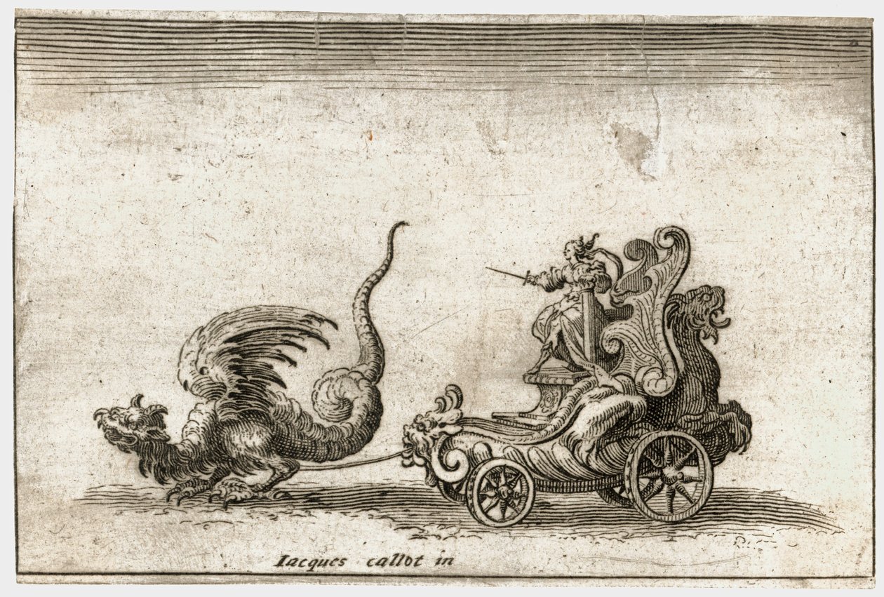 Strid mot barriären: En vagn dragen av en drake ... (gravyr) av Jacques Callot