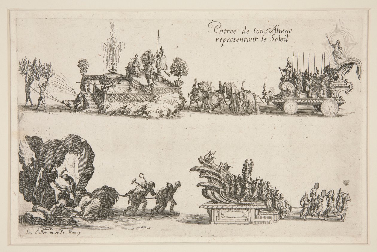 Bekämpa? barriären, ingången till hans höghet (Karl IV) som representerar solen av Jacques Callot