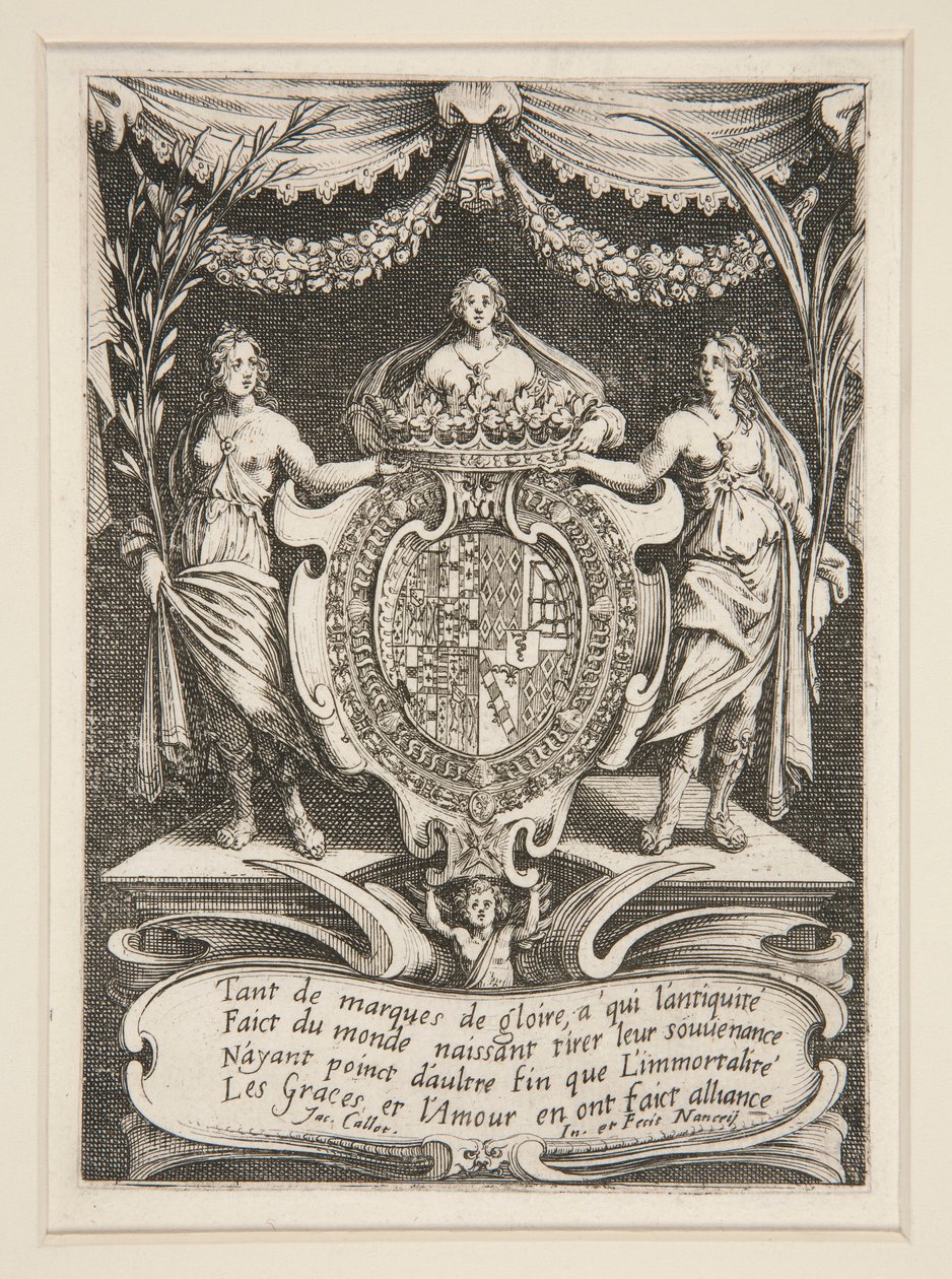 Bekämpa? la Barri?re, Frontispice, The Arms of Lorraine-Chevreuse av Jacques Callot