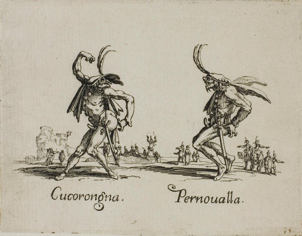 Cucorongna - Pernovalla, plansch 2 från Balli di Sfessania av Jacques Callot