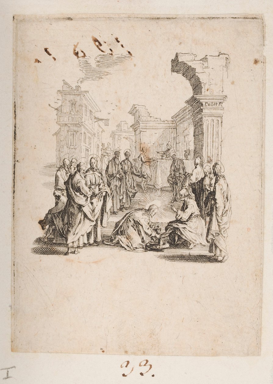 Lärjunge som tvättar Kristi fötter, nr. 1 av 11 från La Petite Passion av Jacques Callot