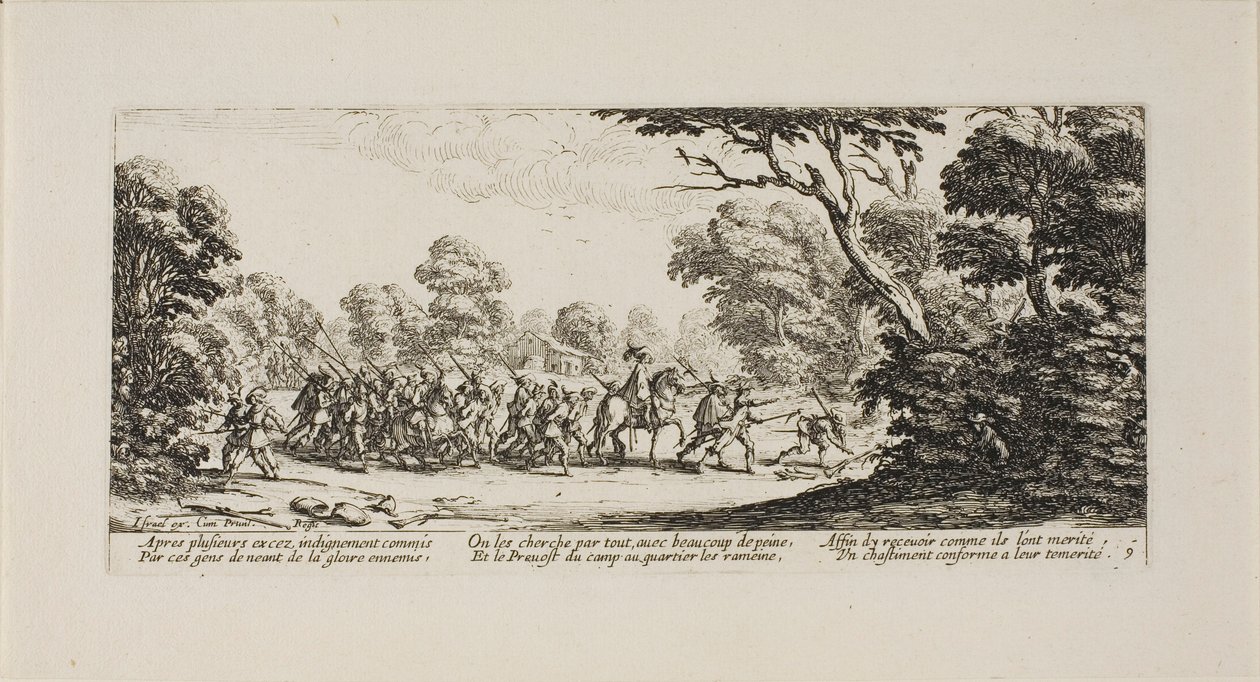 Upptäckten av de kriminella soldaterna, plansch nio ur The Miseries of War av Jacques Callot