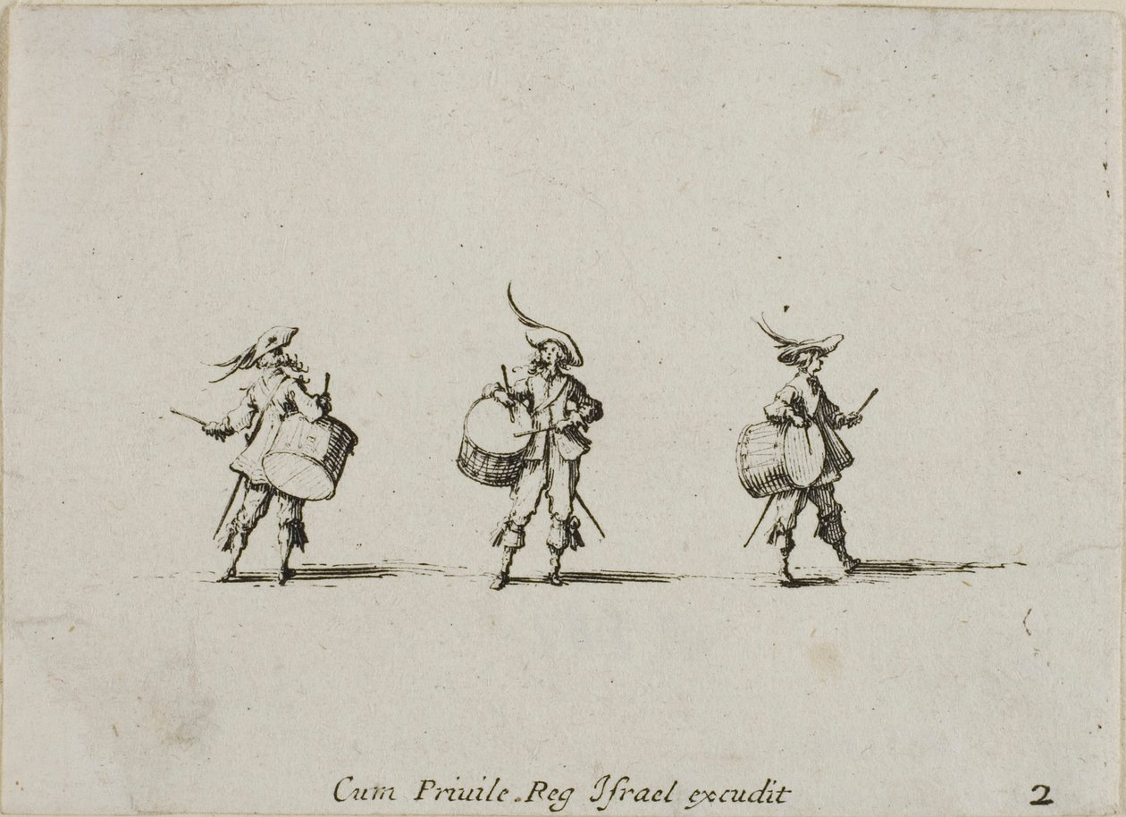 Borra med trummor, tallrik två från The Military Exercises av Jacques Callot