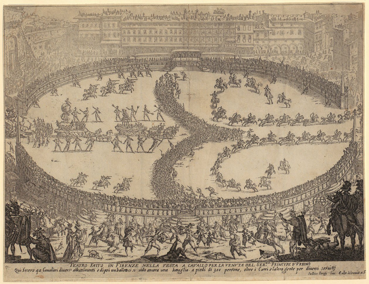 Vagnarnas intåg och infanteriets och kavalleriets parad på Piazza Santa Croce i Florens till ära för prinsen av Urbino, blad 6 i serien ”Skönhetens krig” av Jacques Callot