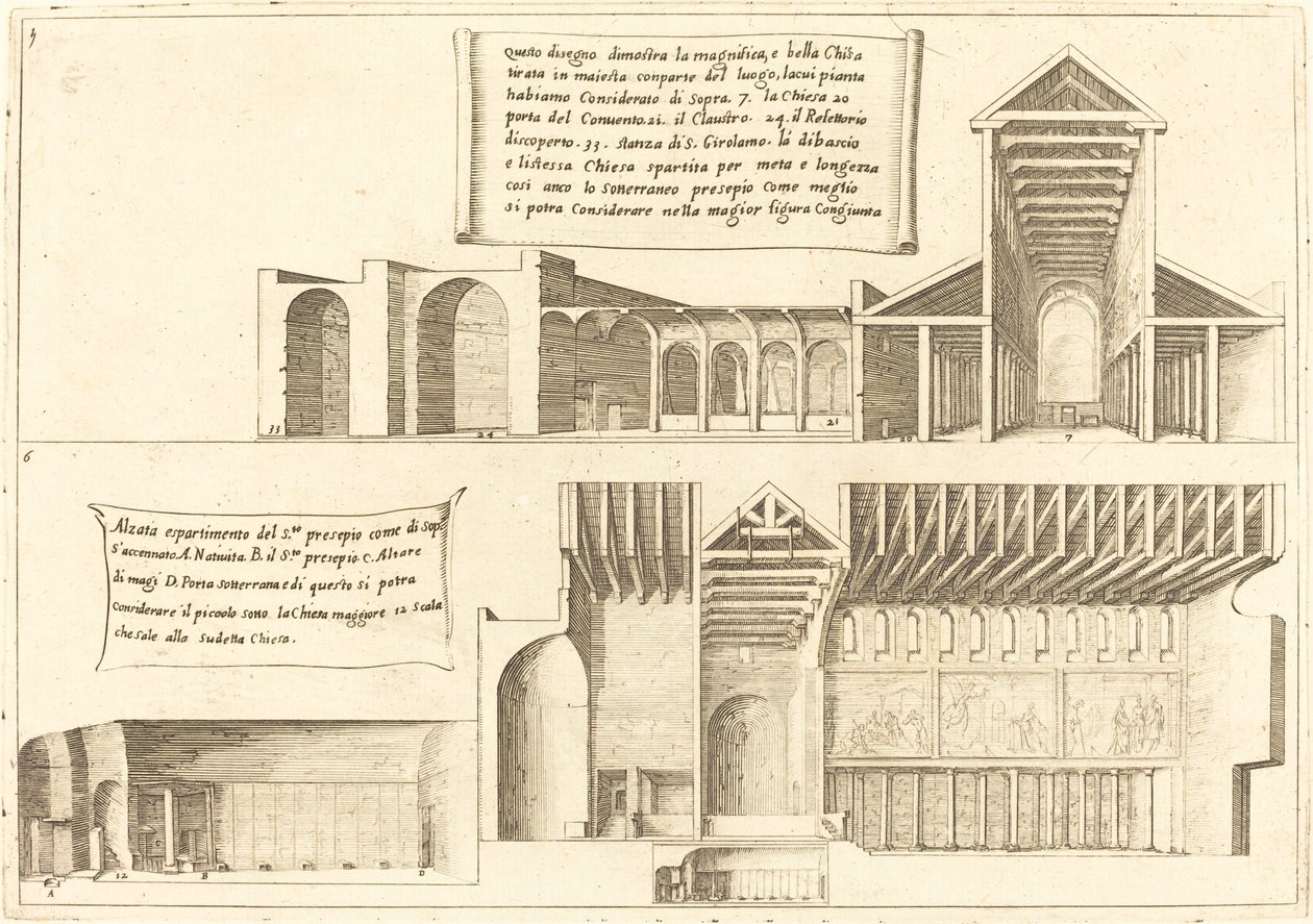 Förhöjning av kyrkor inklusive den heliga krubban, 1619. av Jacques Callot