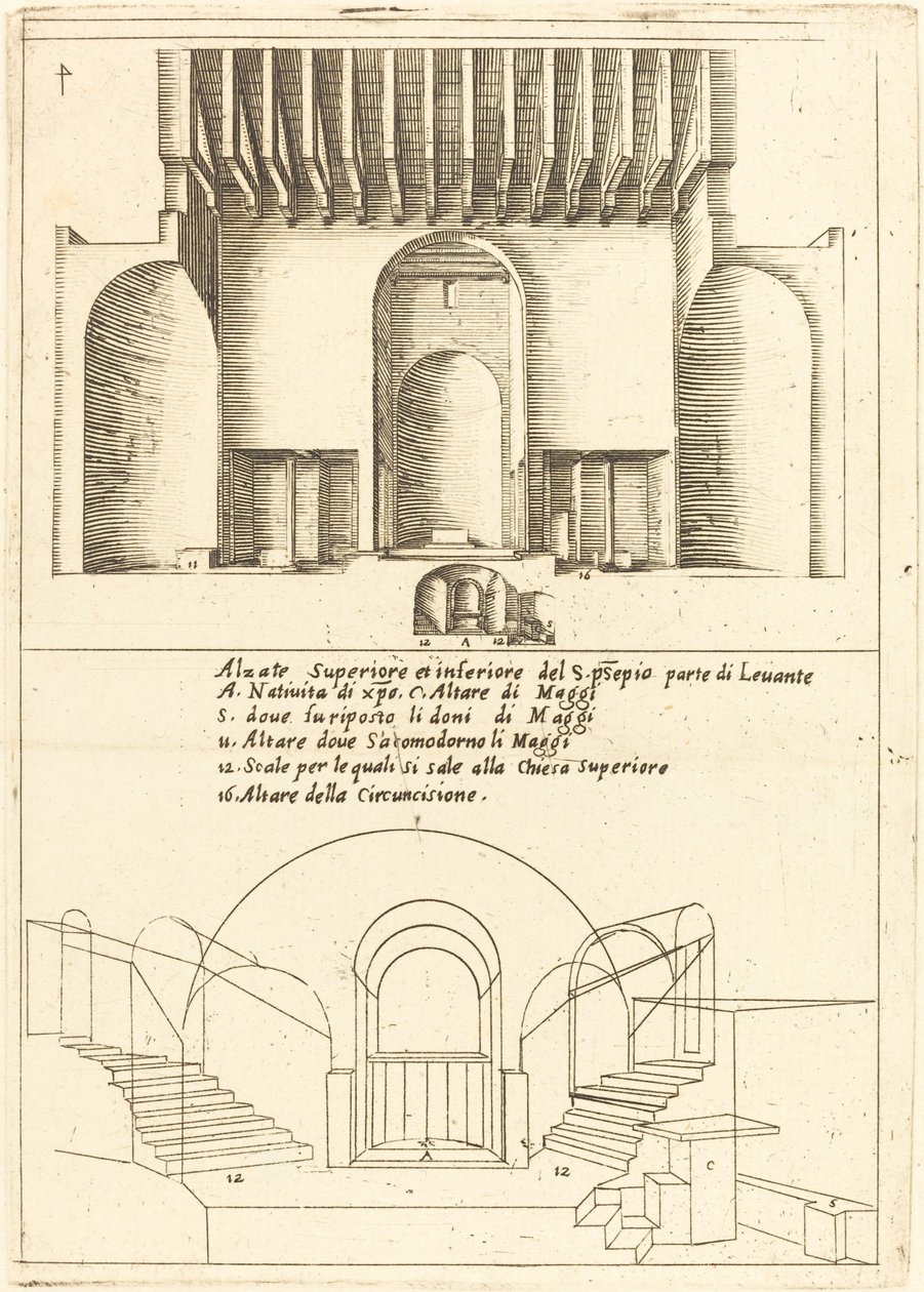 Upphöjning av den heliga krubbans kyrka, 1619. av Jacques Callot