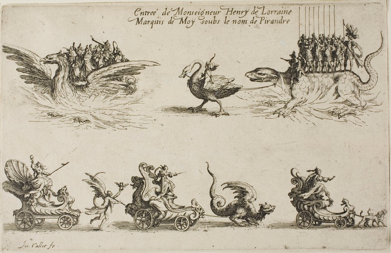 Inträde av Monseigneur Henry de Lorraine, Marquis de Moy, under namnet Pirandre, från The Combat at the Barrier av Jacques Callot