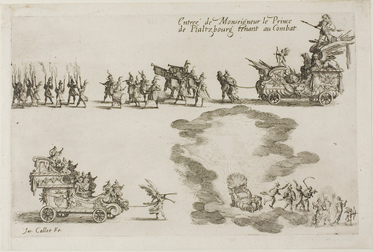 Inträde av monseigneur prinsen av Phalsbourg, försvarare i striden, från Striden vid barriären av Jacques Callot