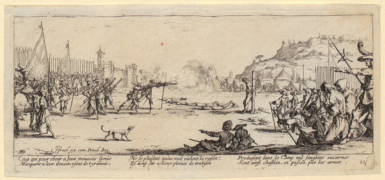 Skjutning, blad 12 i serien ”Krigets gråzoner” av Jacques Callot