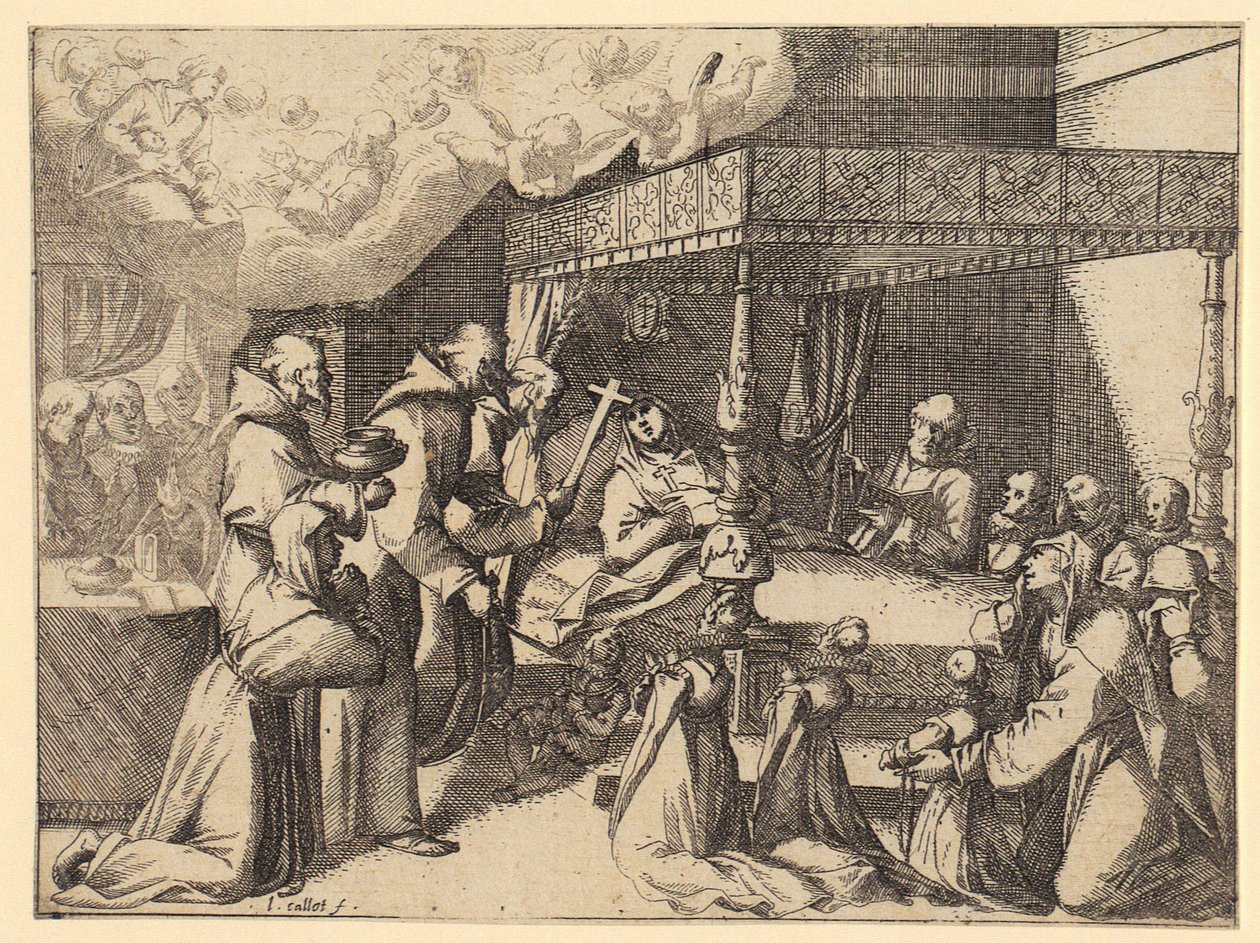 Erzhertiginnan Margarethe vid audiensen hos påven, blad 5 i serien ”Requiem för drottningen av Spanien” av Jacques Callot