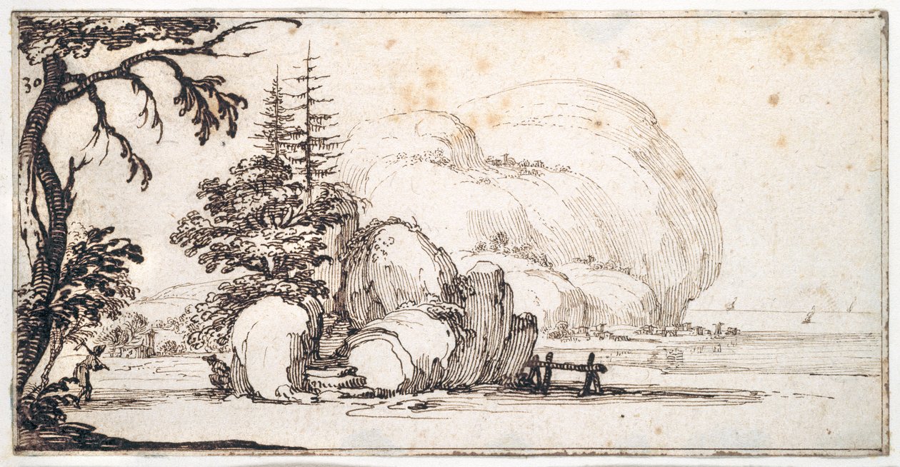 Fantastiska klippor vid kusten, byggnader vid stranden (penna & brunt bläck på papper) av Jacques Callot