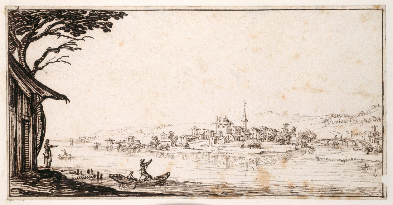 Färja en passagerare över en flod till en liten stad förbunden med en bro till ett slott (penna och brunt bläck på papper) av Jacques Callot