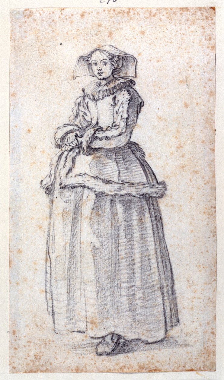 Figur med pälsbeströdd klänning (svart krita på papper) av Jacques Callot