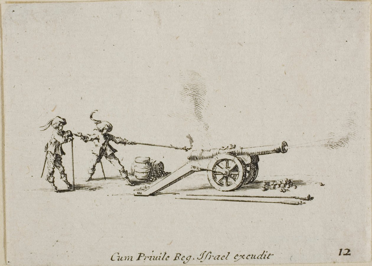 Avfyra kanonen, skylt tolv från The Military Exercises av Jacques Callot